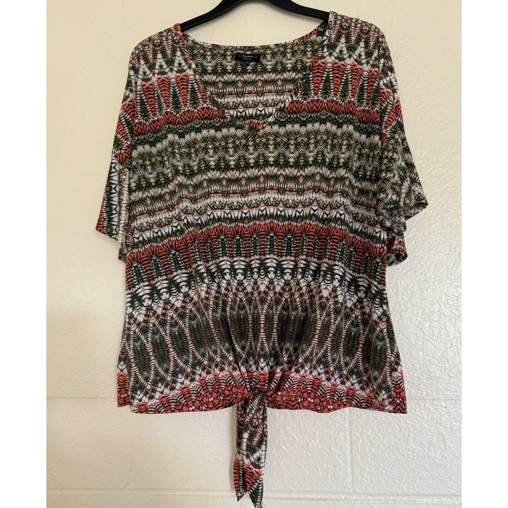 Women's Cocomo V-neck Flutter Sleeve Multicolor Graphic‎ Tie Front Size 3X  Boho